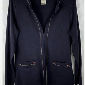 Exclusively Misook Navy Blue Gold Trim Open Front Cardigan Sweater Sz S Pockets